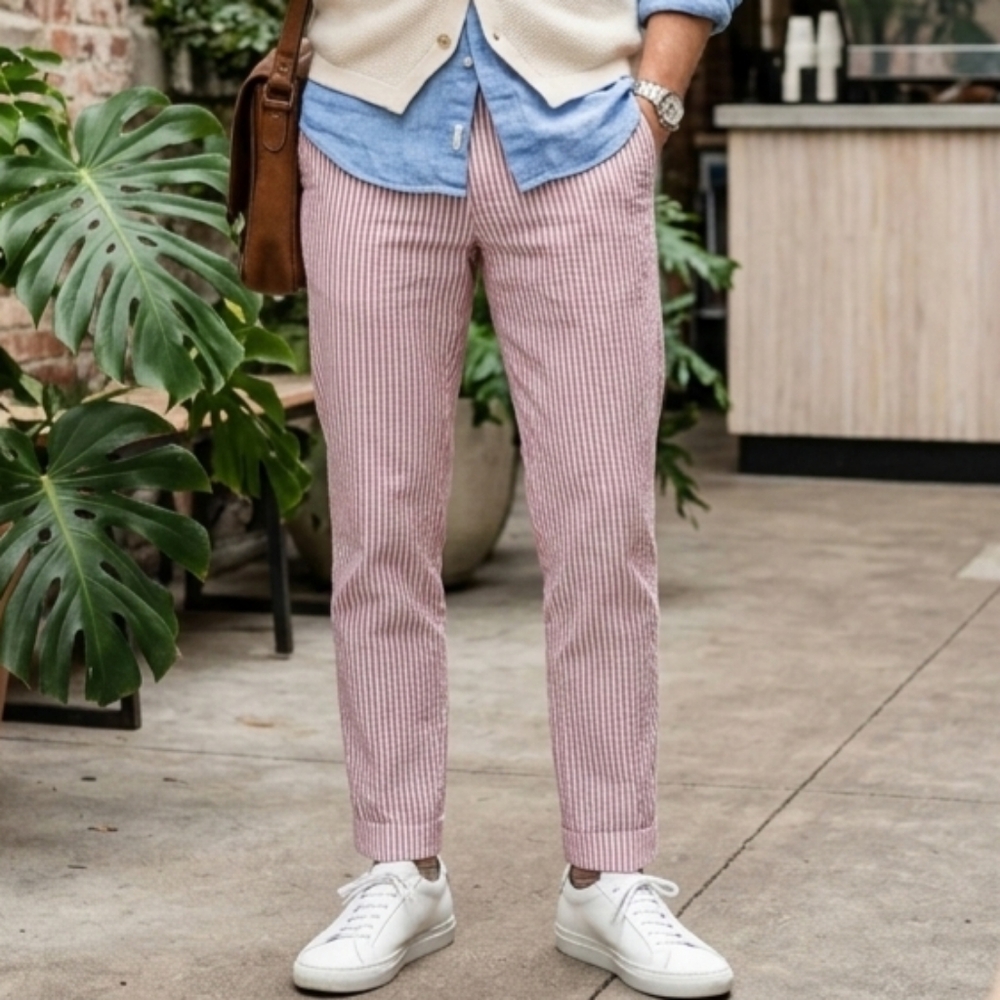 Paisley & Gray Slim Fit Red & White Striped Linen Blend Pants 30x32